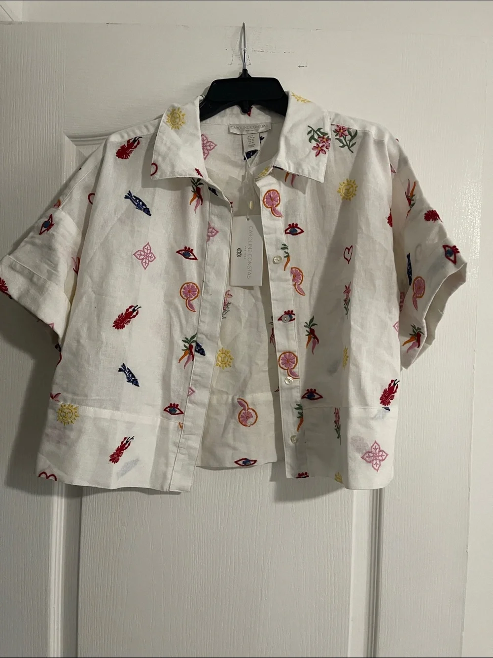 Carter's White Short-Sleeve Button Shirt with Multi-Color Embroidery